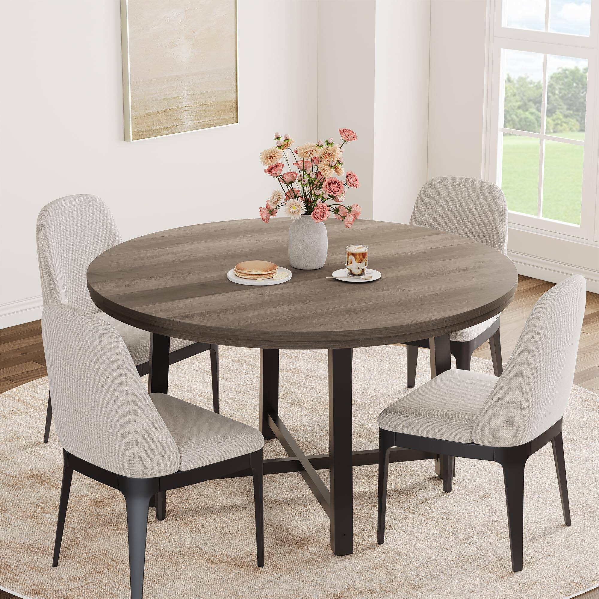 Angle. Jojoka - 47" Round Dining Table for 4 to 6, Industrial Wooden Dinner Table with Sturdy Metal Frame - Gray.