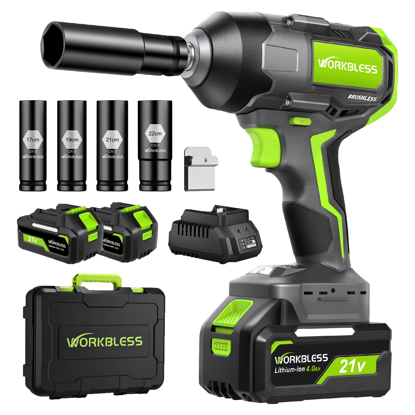 Unique Bargains - 1/2″ Brushless Cordless Impact Wrench Kit, Max 1200N.m, 20V 4Ah Battery, 3-Speed, 4 Socket, LED Light, High Torque
