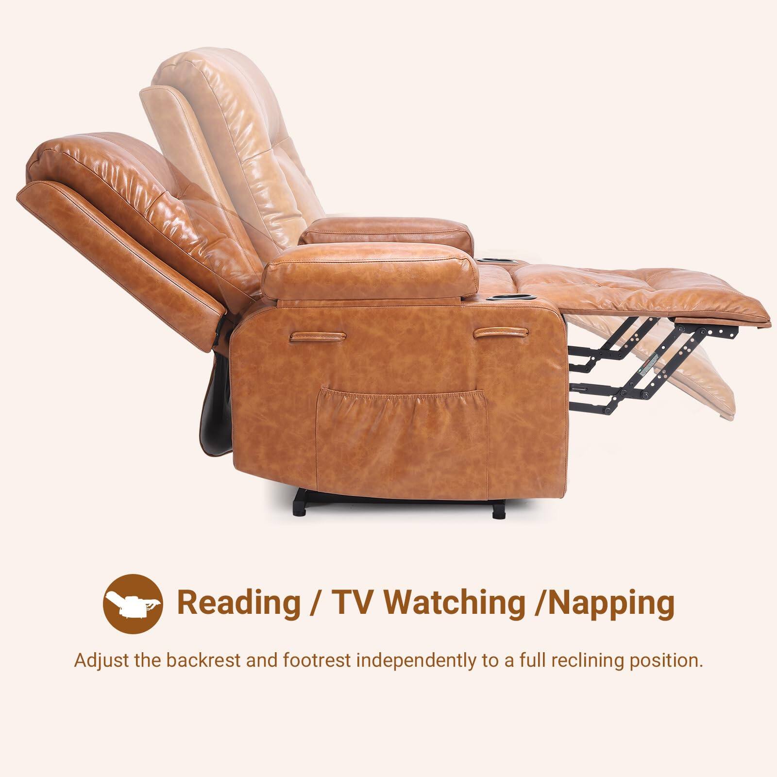 Reading / TV Watching / Napping  
Adjust the backrest and footrest independently to a full reclining position.