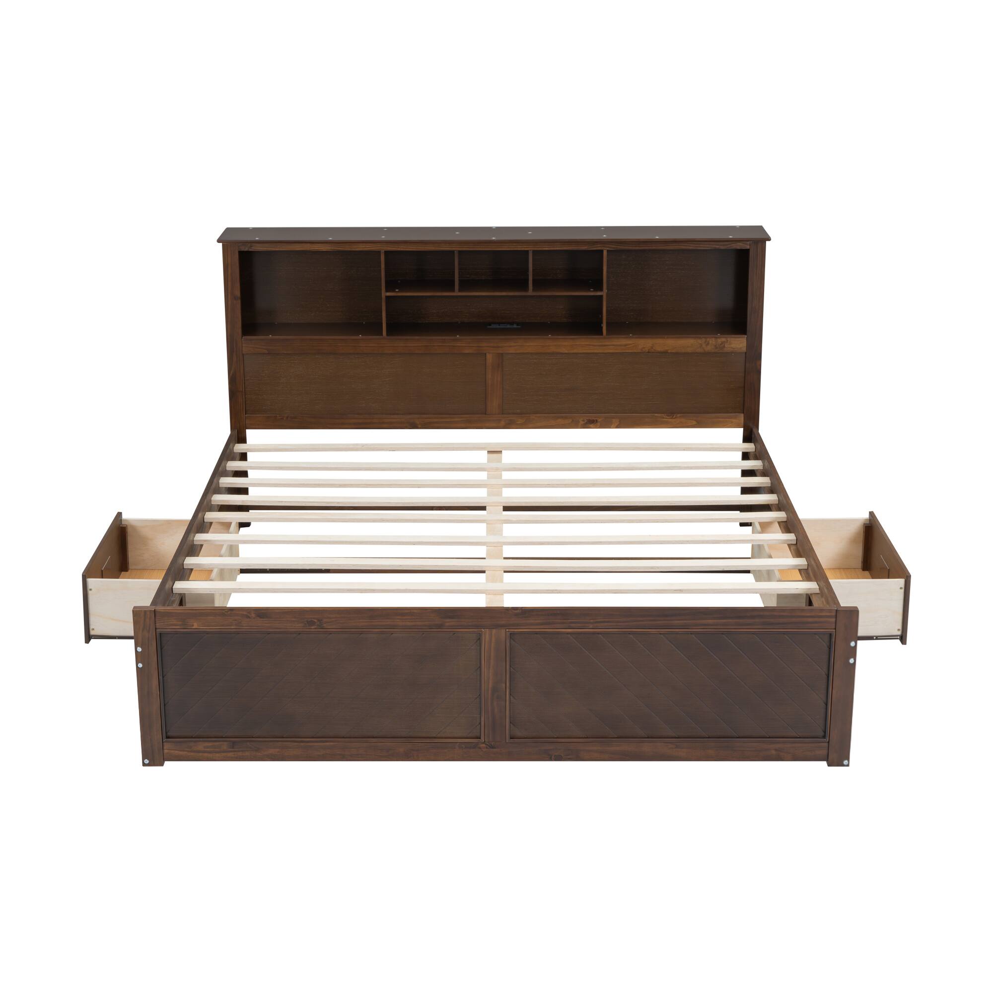 Alt View 4. Tiramisubest - King Size Wood Platform Bed with Multi-storage Headboard, USB and Drawers, Antique Wood Color - Wood.