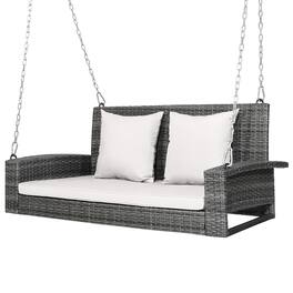 Costway - 2-Person Patio PE Wicker Hanging Porch Swing Bench Chair with Cushion - Off White