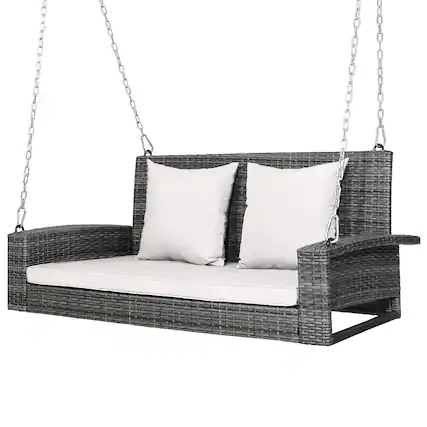 Front. Costway - Costway 2-Person Patio PE Wicker Hanging Porch Swing Bench Chair with Cushion - Off White.