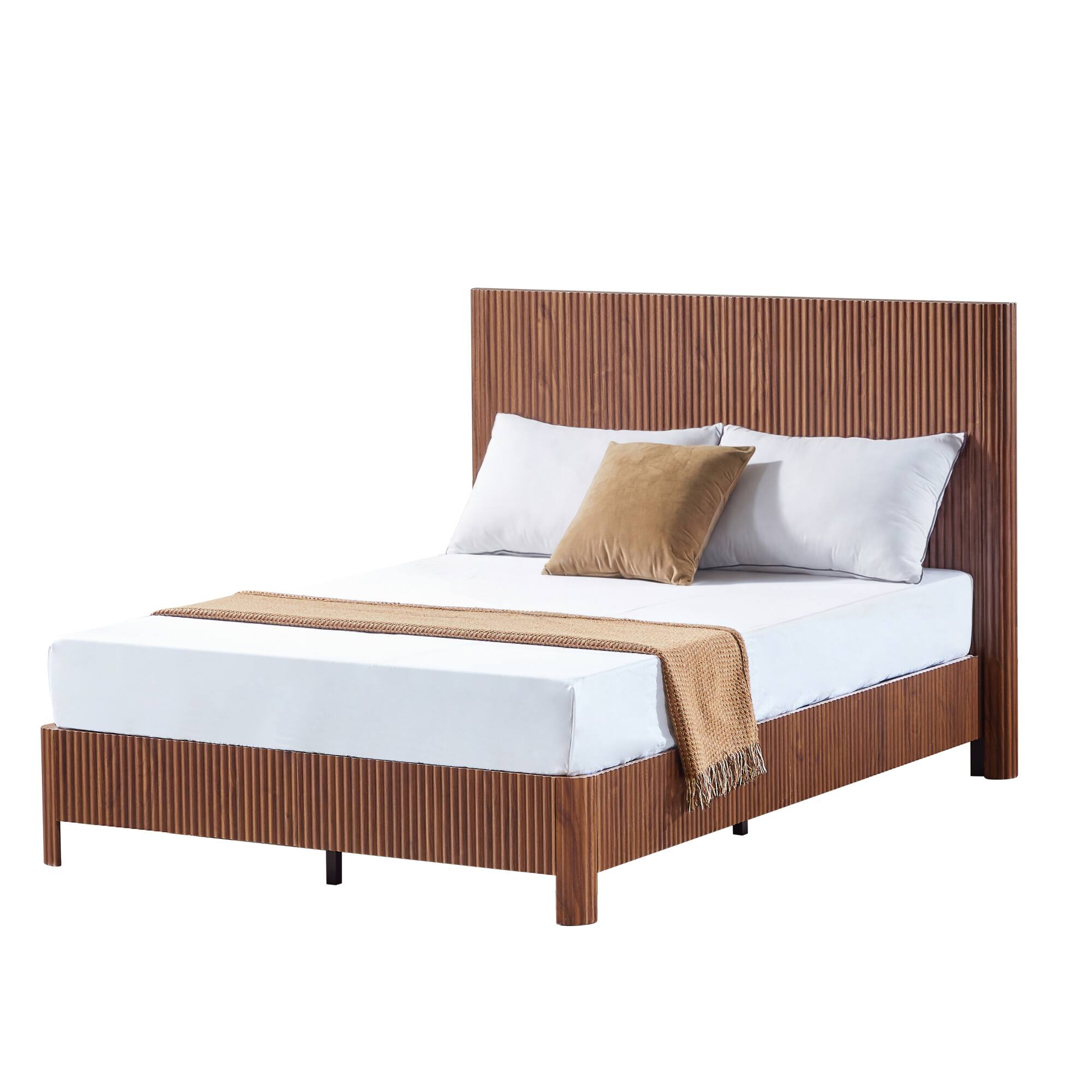 Alt View 6. GOODSILO - Full Size Wooden Corrugated Curved Lines Bed Frame with No Box Spring Needed in Walnut Finish - Walnut.