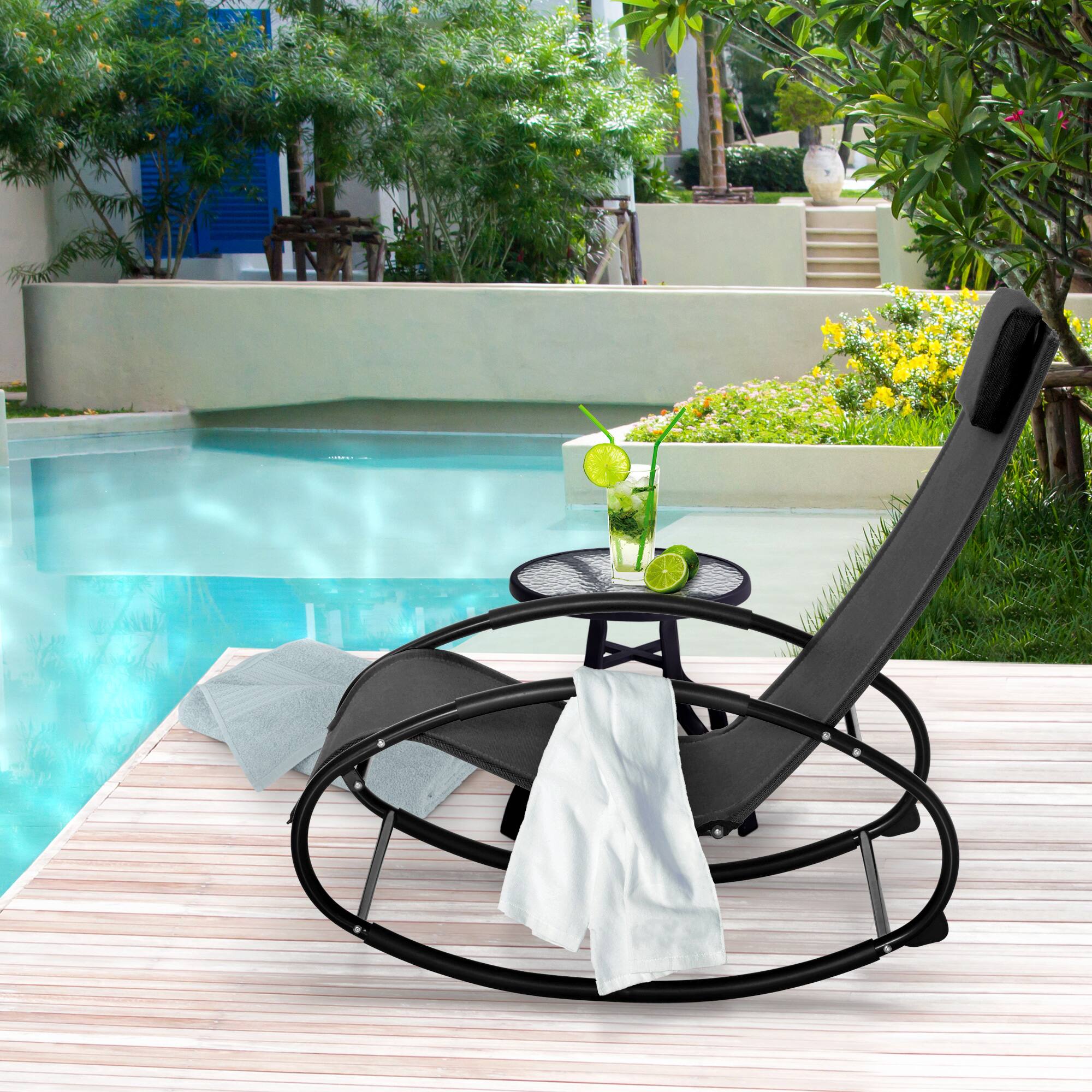 Angle. Outsunny - Pool Lounger, Outdoor Rocking Lounge Chair for Sunbathing, Pool, Beach, Porch with Pillow and Cool Mesh - Black.