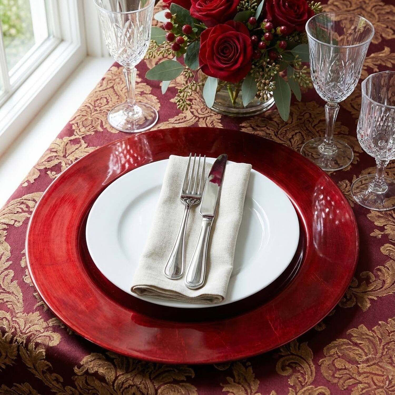 Angle. American Atelier - Red Round Charger Plates 4-Piece Set 13" - Red.