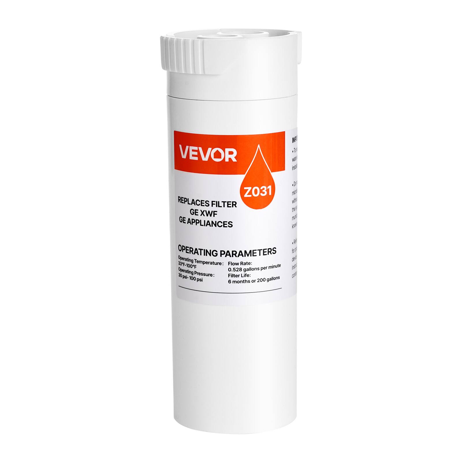 VEVOR  
Z031  

REPLACES FILTER  
GE XWF  
GE APPLIANCES  

OPERATING PARAMETERS  
Operating Temperature: 23°F - 100°F  
Operating Pressure: 30 psi - 100 psi  

Flow Rate: 0.528 gallons per minute  
Filter Life: 6 months or 200 gallons
