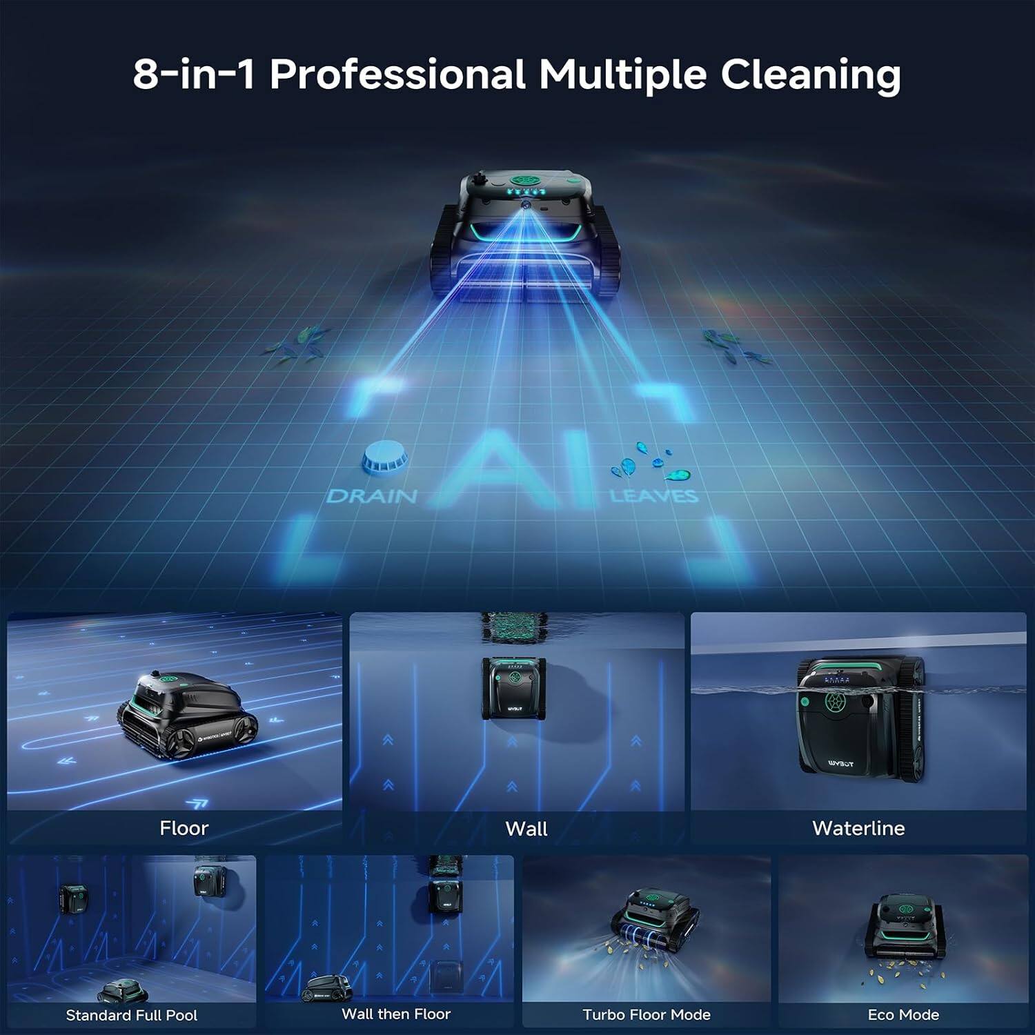 8-in-1 Professional Multiple Cleaning

- Floor
- Wall
- Waterline
- Standard Full Pool
- Wall then Floor
- Turbo Floor Mode
- Eco Mode

- Drain
- Leaves