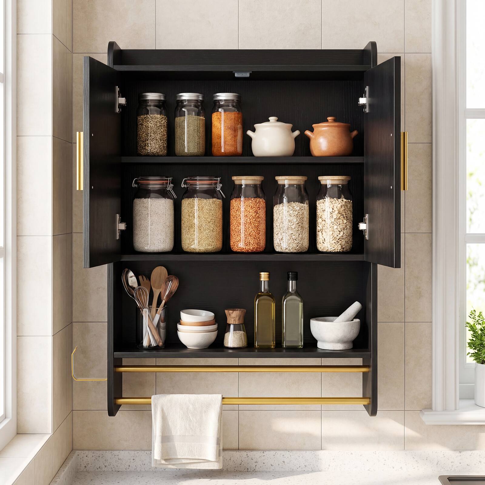 Alt View 4. Costway - Costway Bathroom Wall Cabinet with Towel Bars, Toilet Paper Holder, Adjustable Shelf - Black.