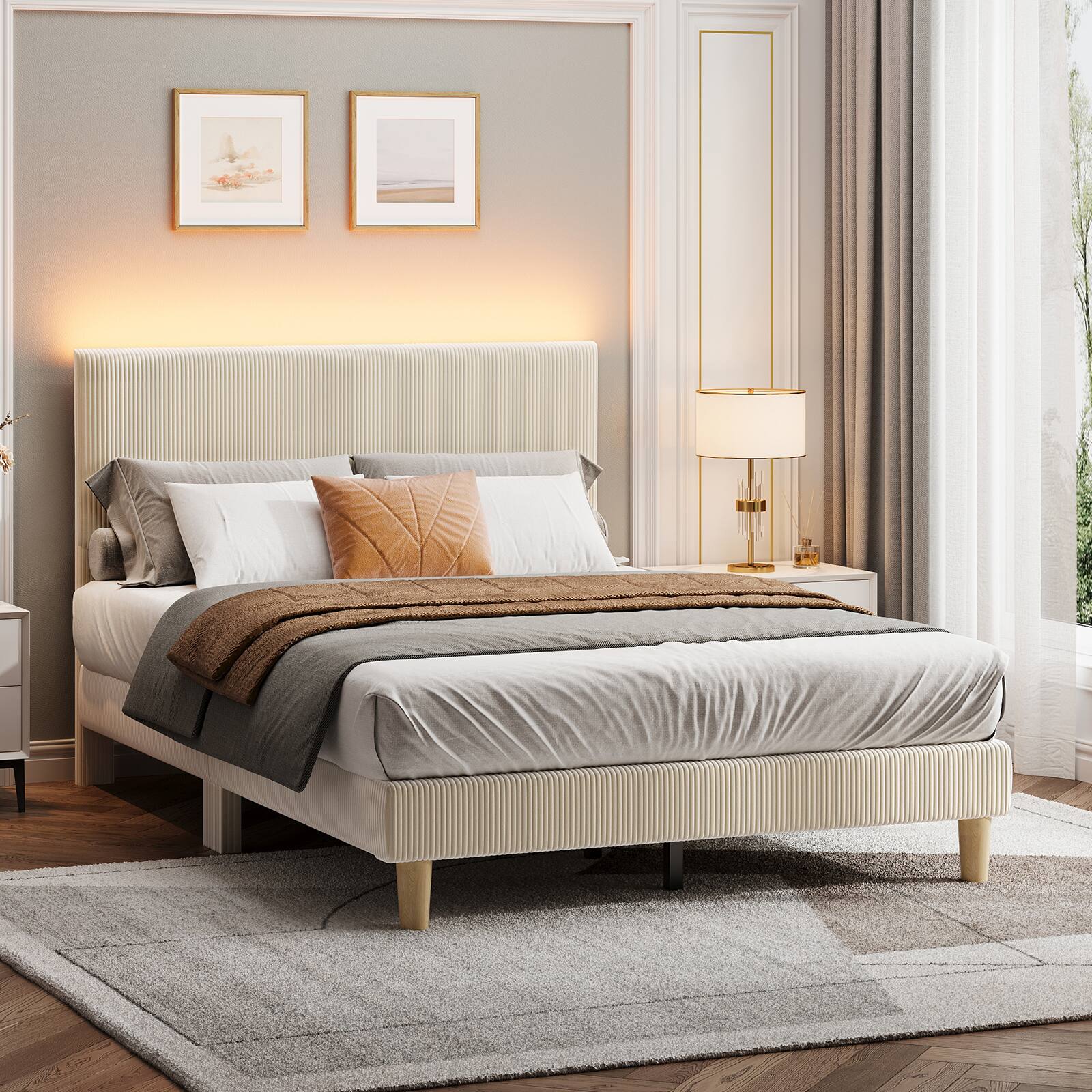 Alt View 1. Bestier - Full Size Corduroy Upholstered Bed Frame Adjustable Headboard, Warm LED Light & No Box Spring Needed - Off White.