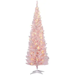 Homcom - Pre-Lit Slim Noble Fir Artificial Pencil Christmas Tree, 170 Warm White LEDs, 390 Tips - Pink
