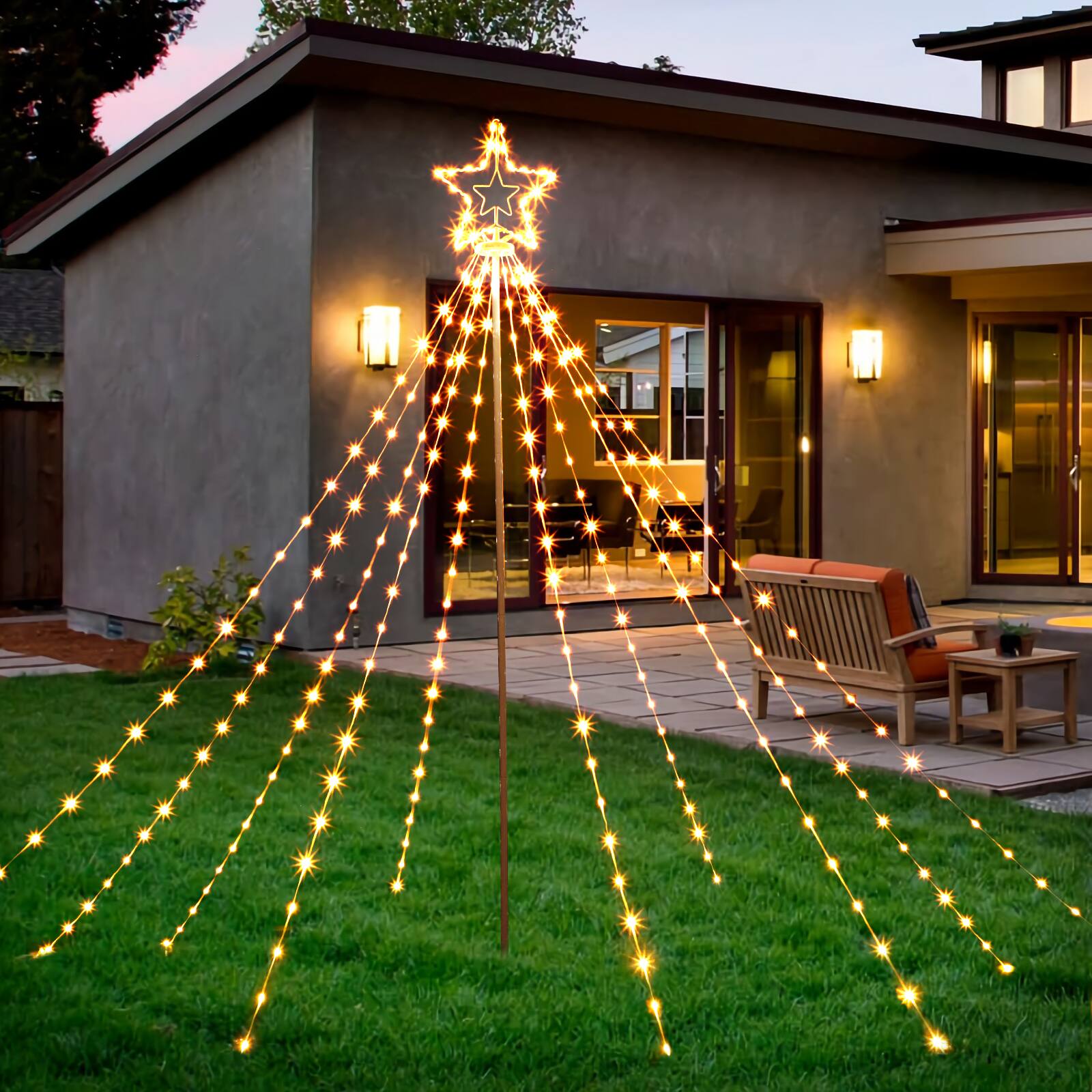 Alt View 1. Oumilen - 6FT Warm White LED Christmas Tree – Star‑Topped Cone Waterfall Light with Remote & Timer, Ground‑Stake for Yard.