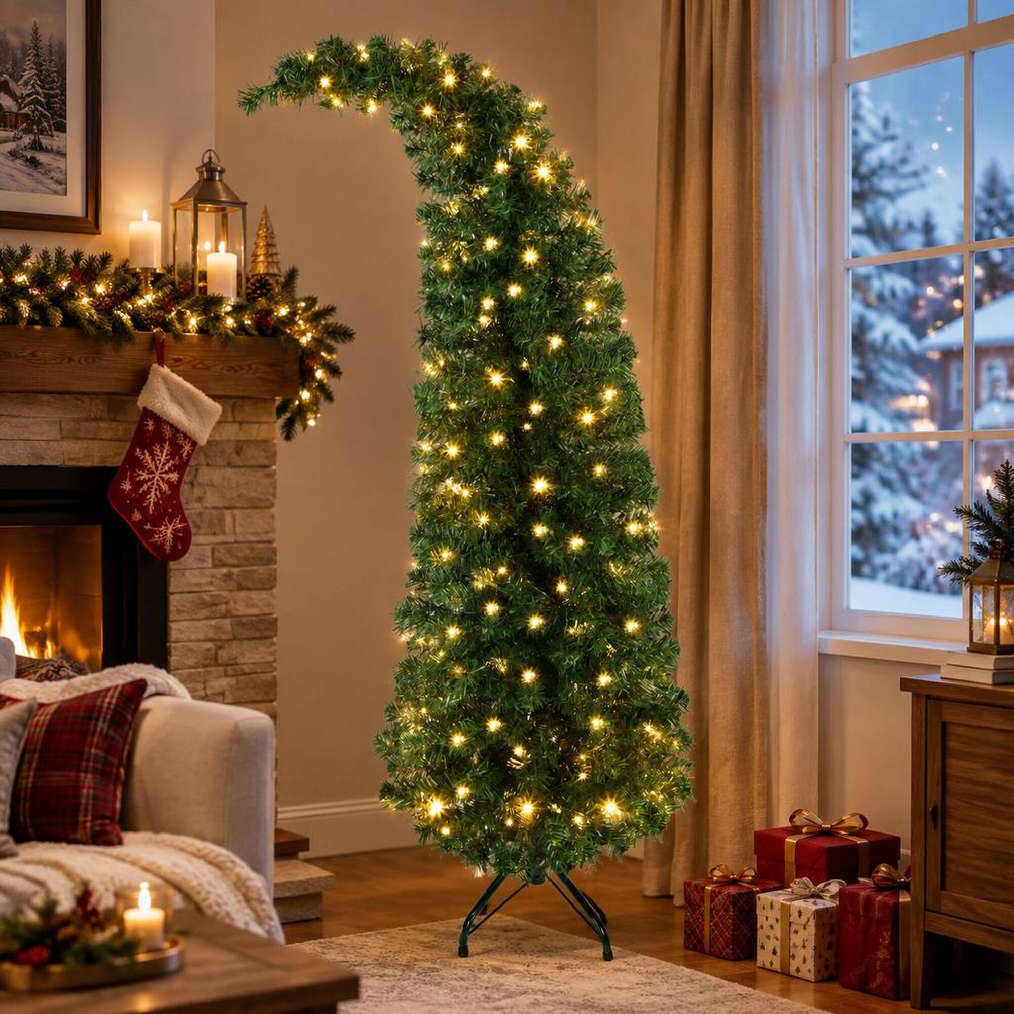 Left. RYHNUYNE - 5 Ft Bent Top Slim Fir Artificial Christmas Tree With 100 LED Lights, Metal Stand Whimsical Holiday Decor - Green.