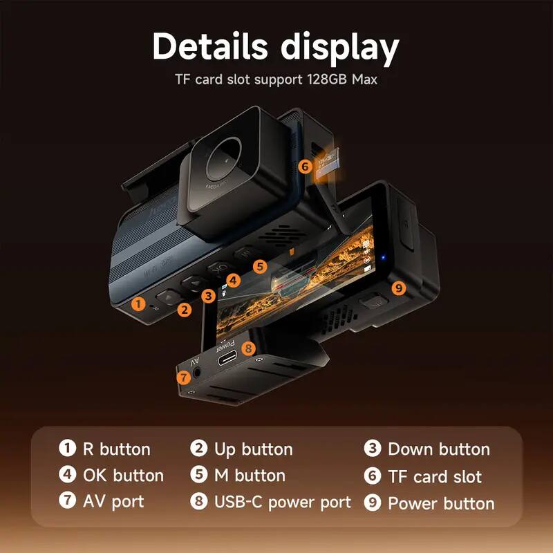 Details display  
TF card slot support 128GB Max  

1. R button  
2. Up button  
3. Down button  
4. OK button  
5. M button  
6. TF card slot  
7. AV port  
8. USB-C power port  
9. Power button