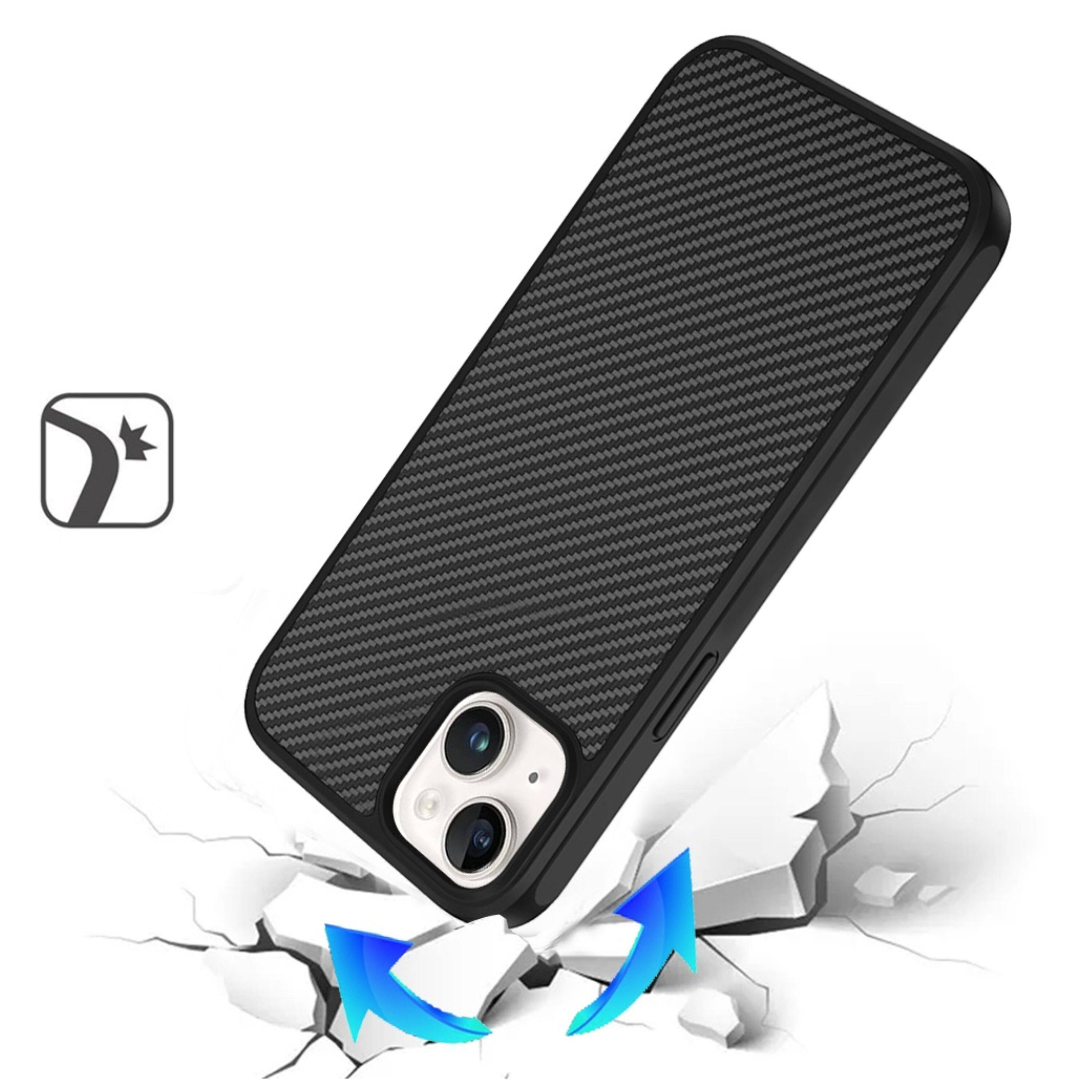 Angle. Kitcheniva - Carbon Fiber Print Hidden Magnetic Circle Phone Case With 2 Pcs Tempered Glass For iPhone 15 Black - Black.