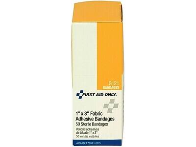 G121 BANDAGES  
FIRST AID ONLY.  
1" x 3" Fabric Adhesive Bandages  
50 Sterile Bandages  
Vendas adhesivas de tela de 1" x 3"  
50 vendas esteriles  
ANS/NORMA Z308 - 2015