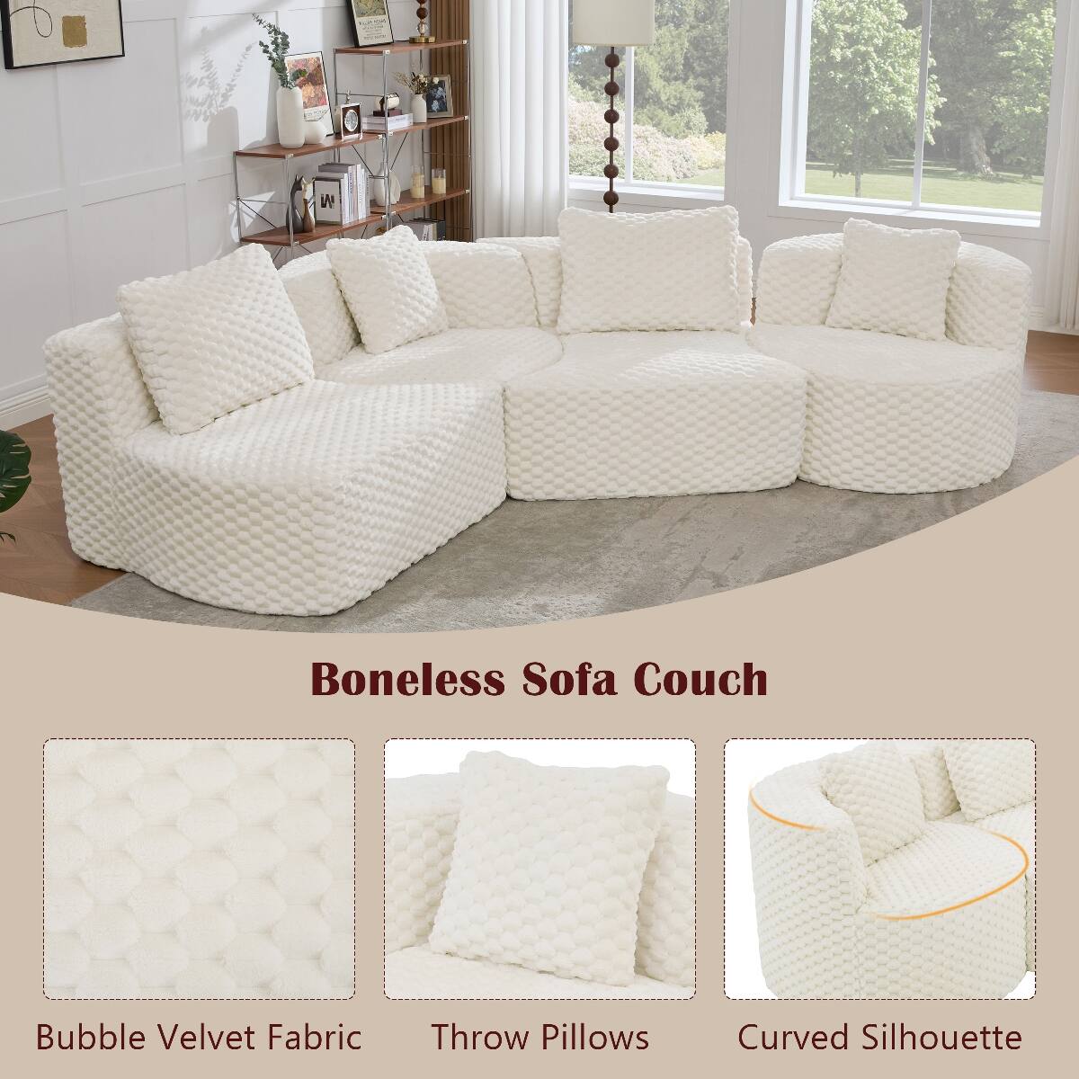 Boneless Sofa Couch  
Bubble Velvet Fabric  
Throw Pillows  
Curved Silhouette