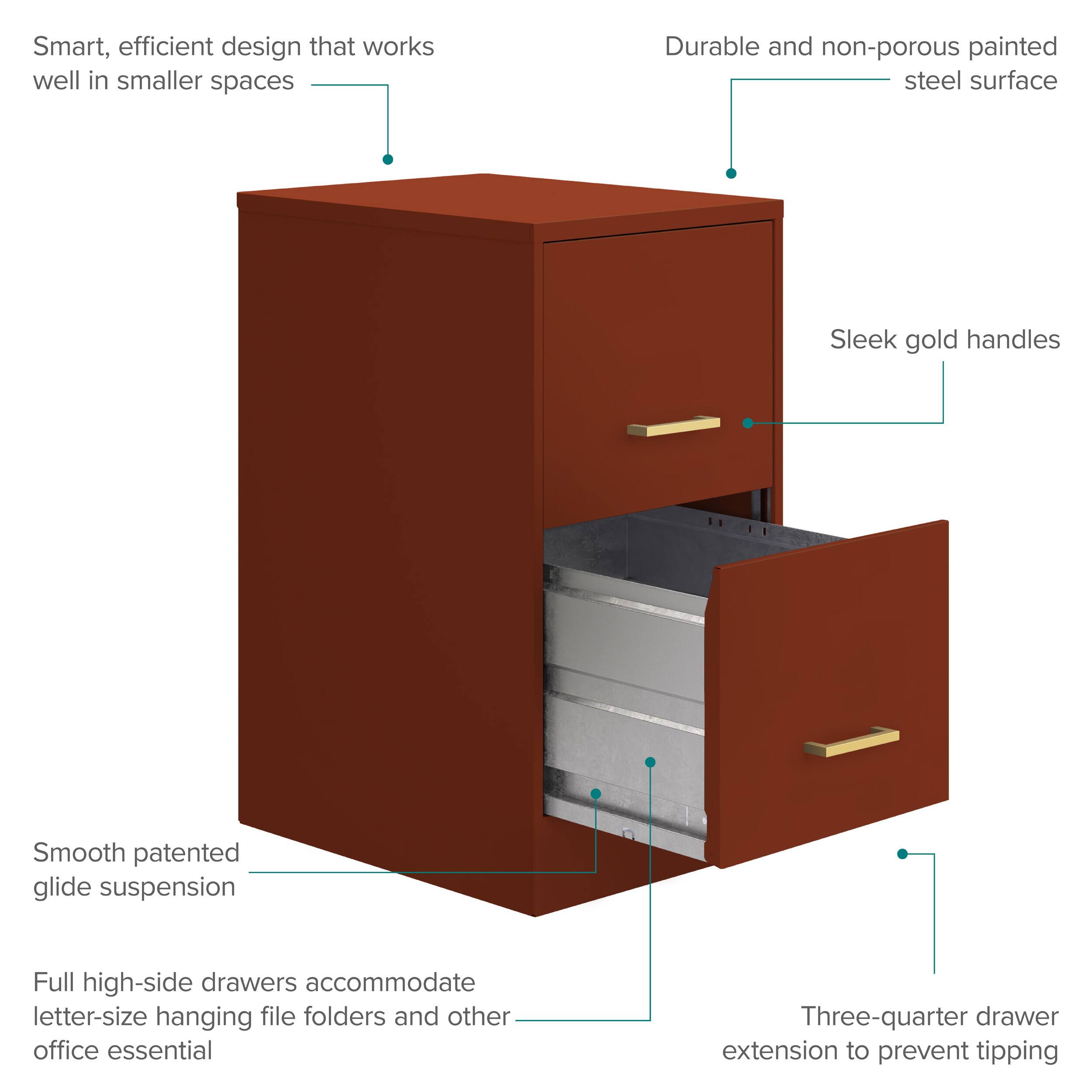 - Smart, efficient design that works well in smaller spaces
- Durable and non-porous painted steel surface
- Sleek gold handles
- Smooth patented glide suspension
- Full high-side drawers accommodate letter-size hanging file folders and other office essentials
- Three-quarter drawer extension to prevent tipping