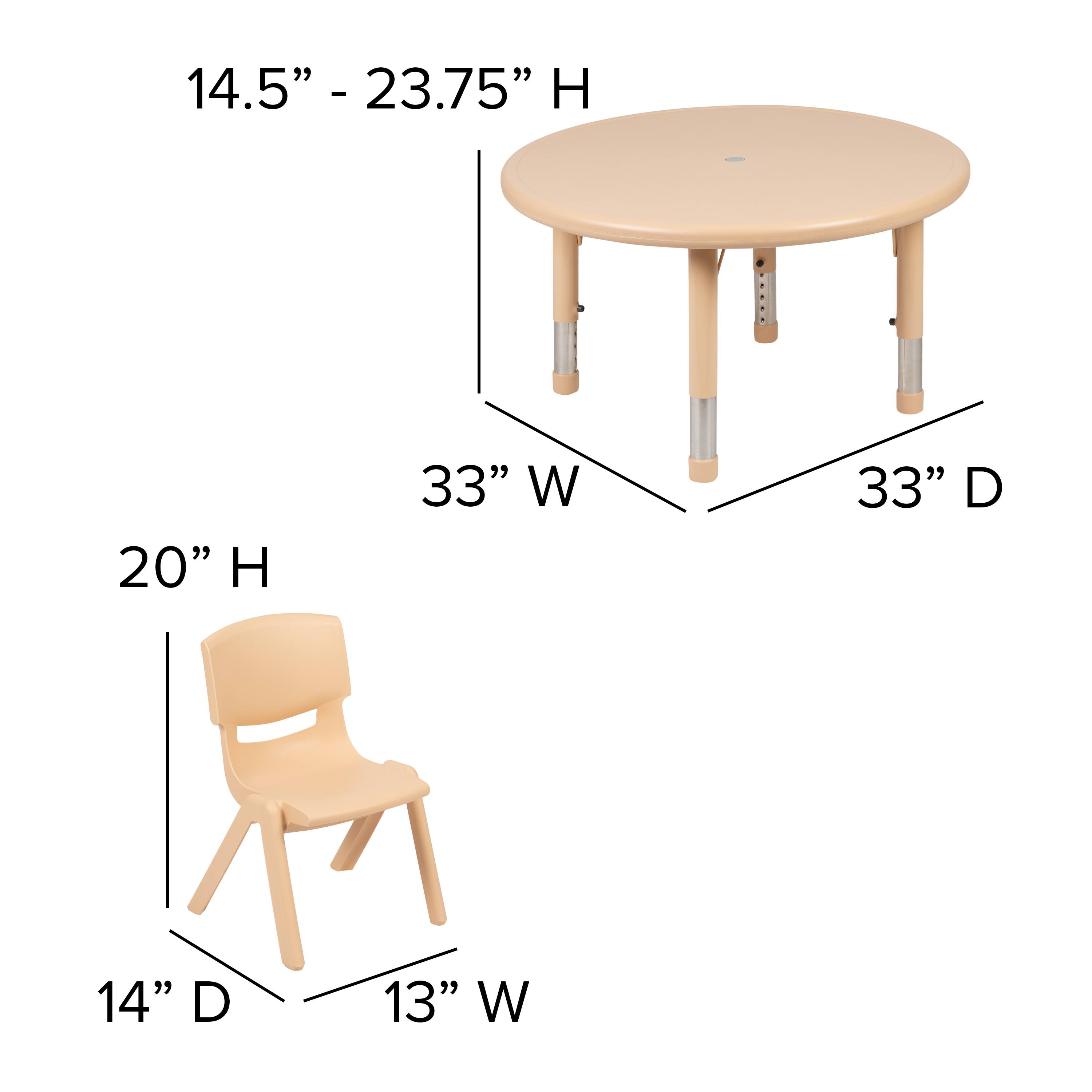 14.5" - 23.75" H  
20" H  
33" W  
33" D  
14" D  
13" W