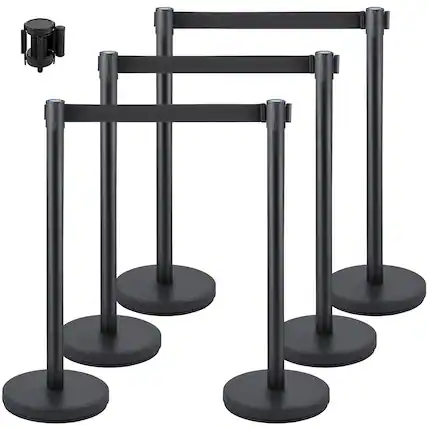 Front. VEVOR - Crowd Control Stanchion, Set of 6 Pieces Stanchion Set, Stanchion Set with 6.6 ft/2 m Black Retractable Belt - Black.