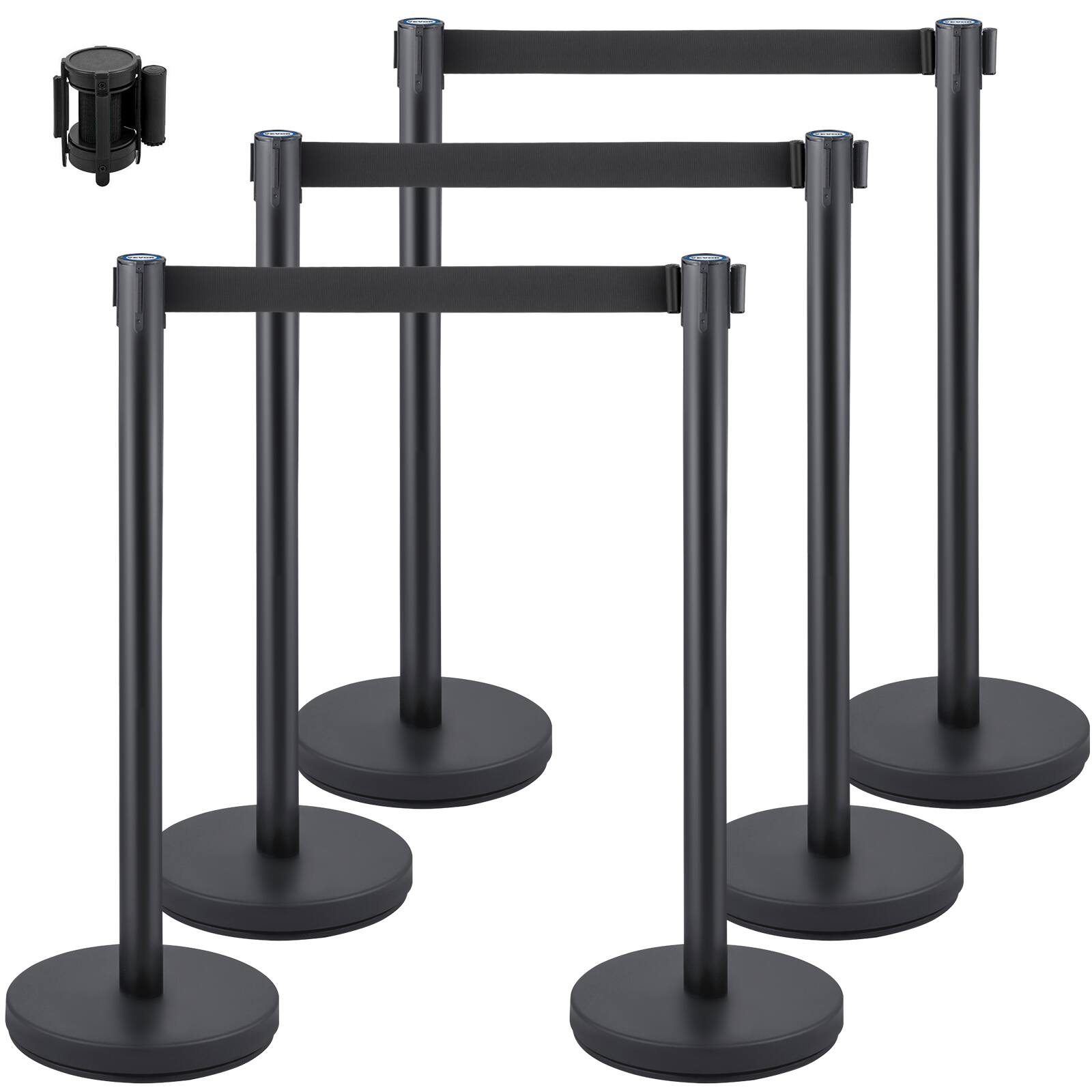 Front. VEVOR - Crowd Control Stanchion, Set of 6 Pieces Stanchion Set, Stanchion Set with 6.6 ft/2 m Black Retractable Belt - Black.