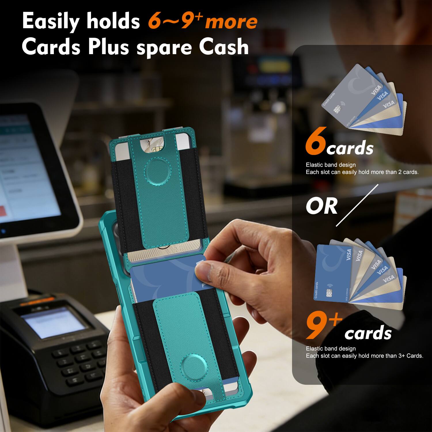 Easily holds 6~9+ more Cards Plus spare Cash

6 cards
Elastic band design
Each slot can easily hold more than 2 cards.

OR

9+ cards
Elastic band design
Each slot can easily hold more than 3+ Cards.