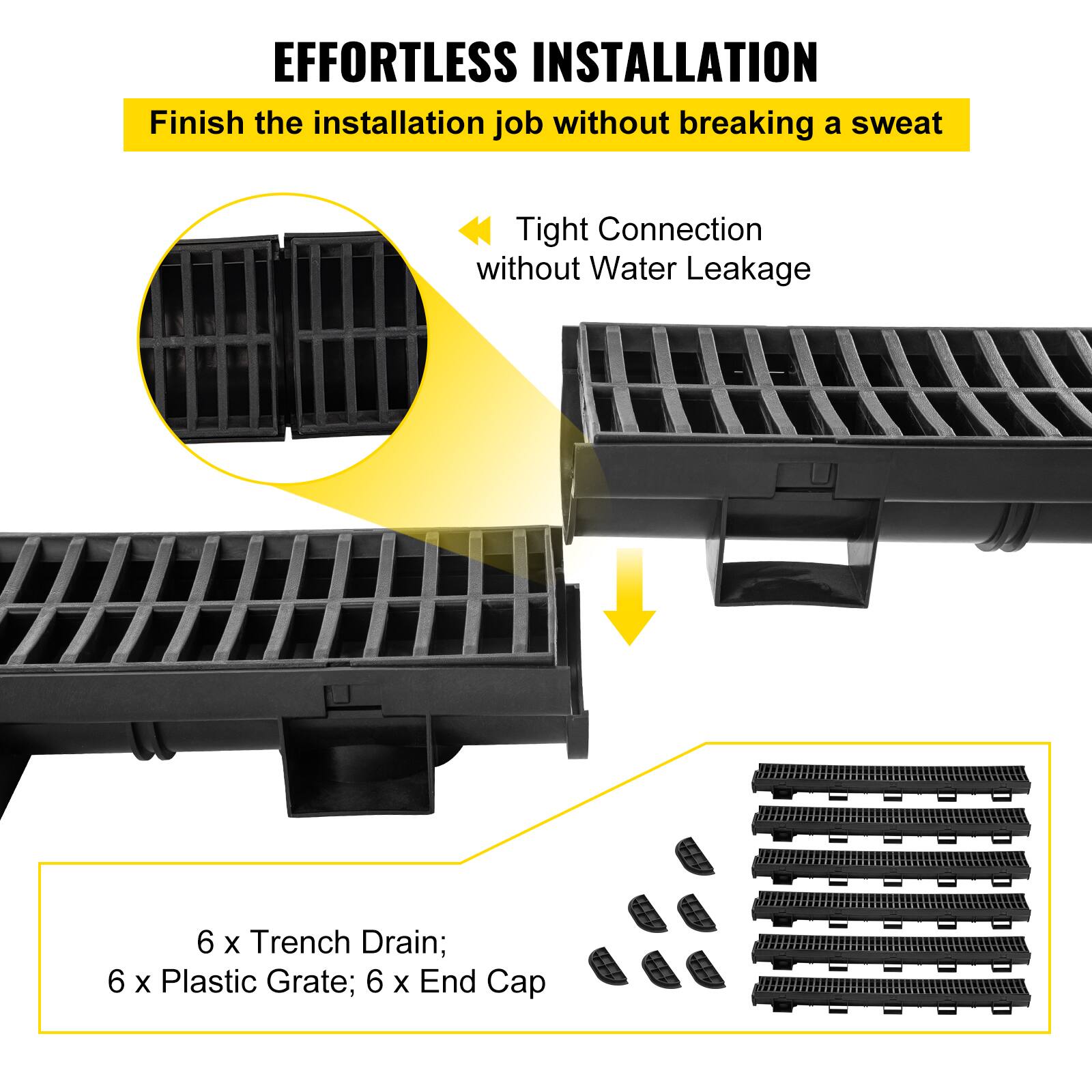 EFFORTLESS INSTALLATION  
Finish the installation job without breaking a sweat  

Tight Connection without Water Leakage  

6 x Trench Drain; 6 x Plastic Grate; 6 x End Cap