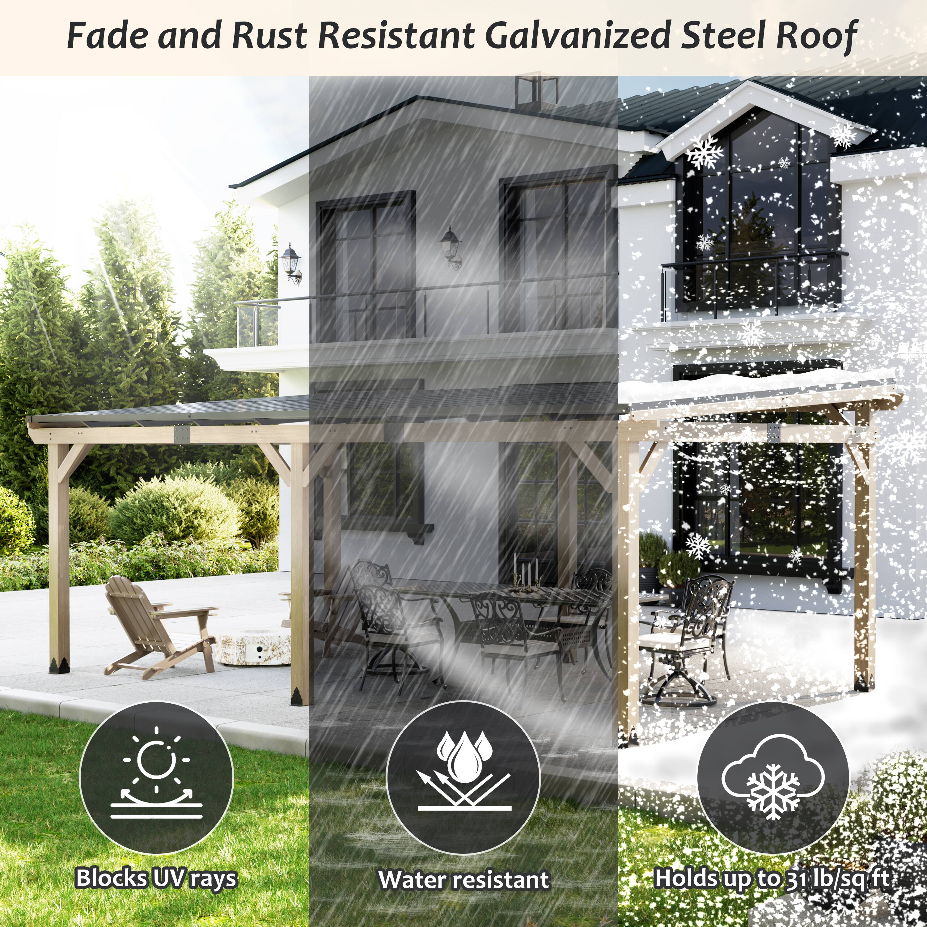 Fade and Rust Resistant Galvanized Steel Roof

- Blocks UV rays
- Water resistant
- Holds up to 31 lb/sq ft