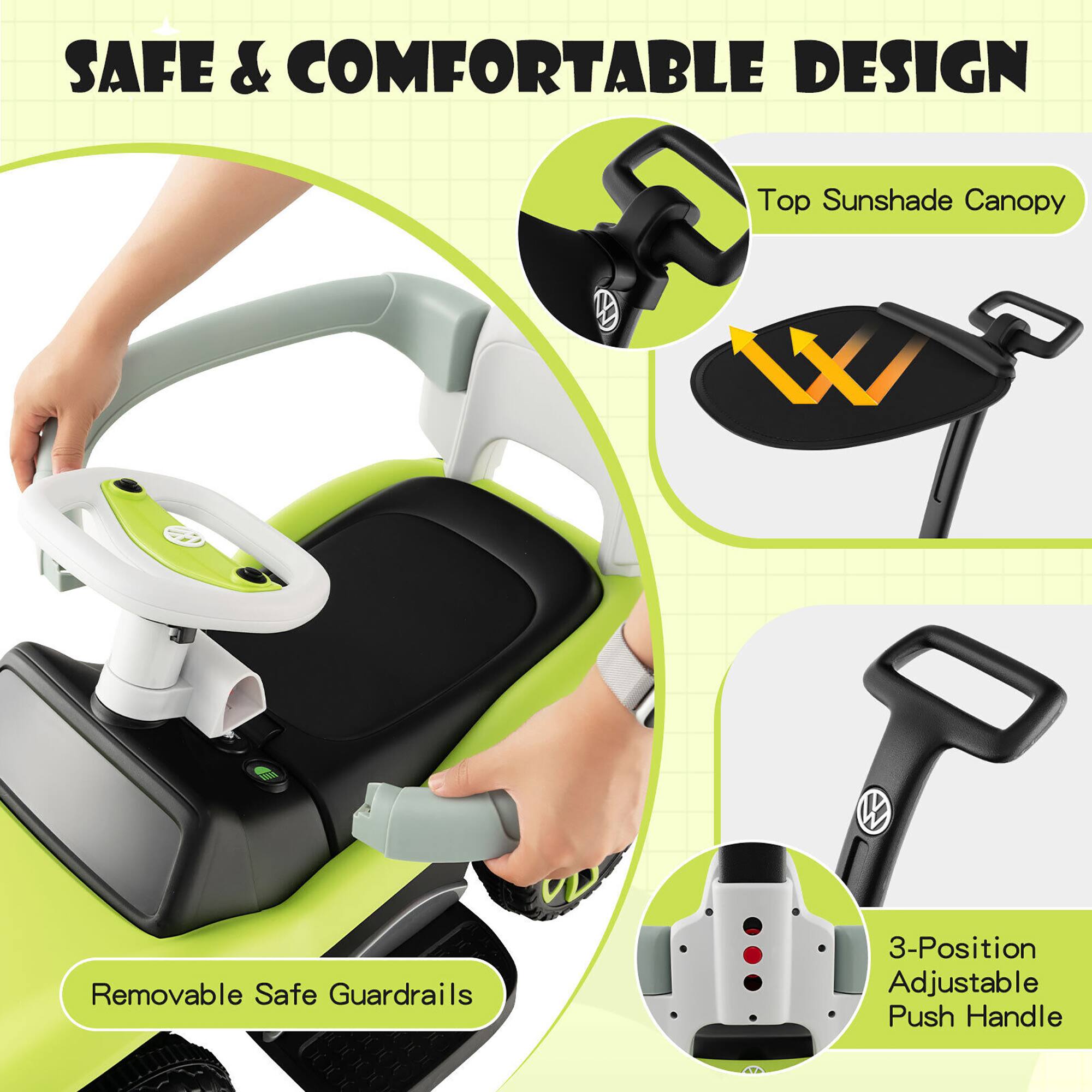 SAFE & COMFORTABLE DESIGN

- Top Sunshade Canopy
- Removable Safe Guardrails
- 3-Position Adjustable Push Handle