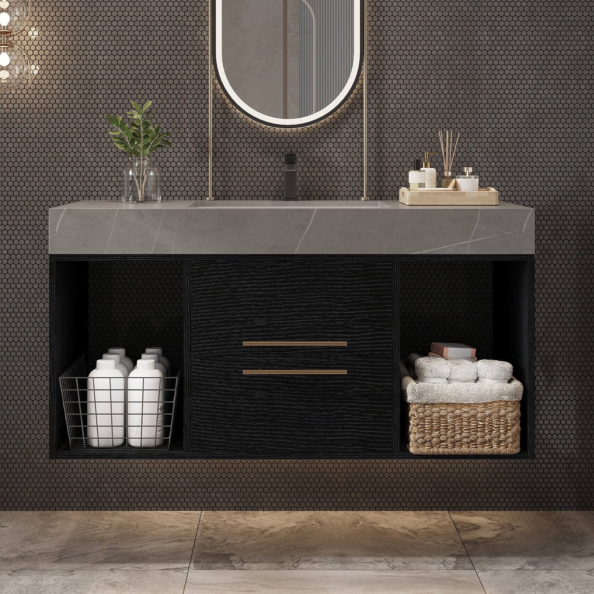 Alt View 5. Boyel Living - 39.4In Single Contemporary Floating Vanity Faux Marble Top Ceramic Sink Solid Wood - Black.