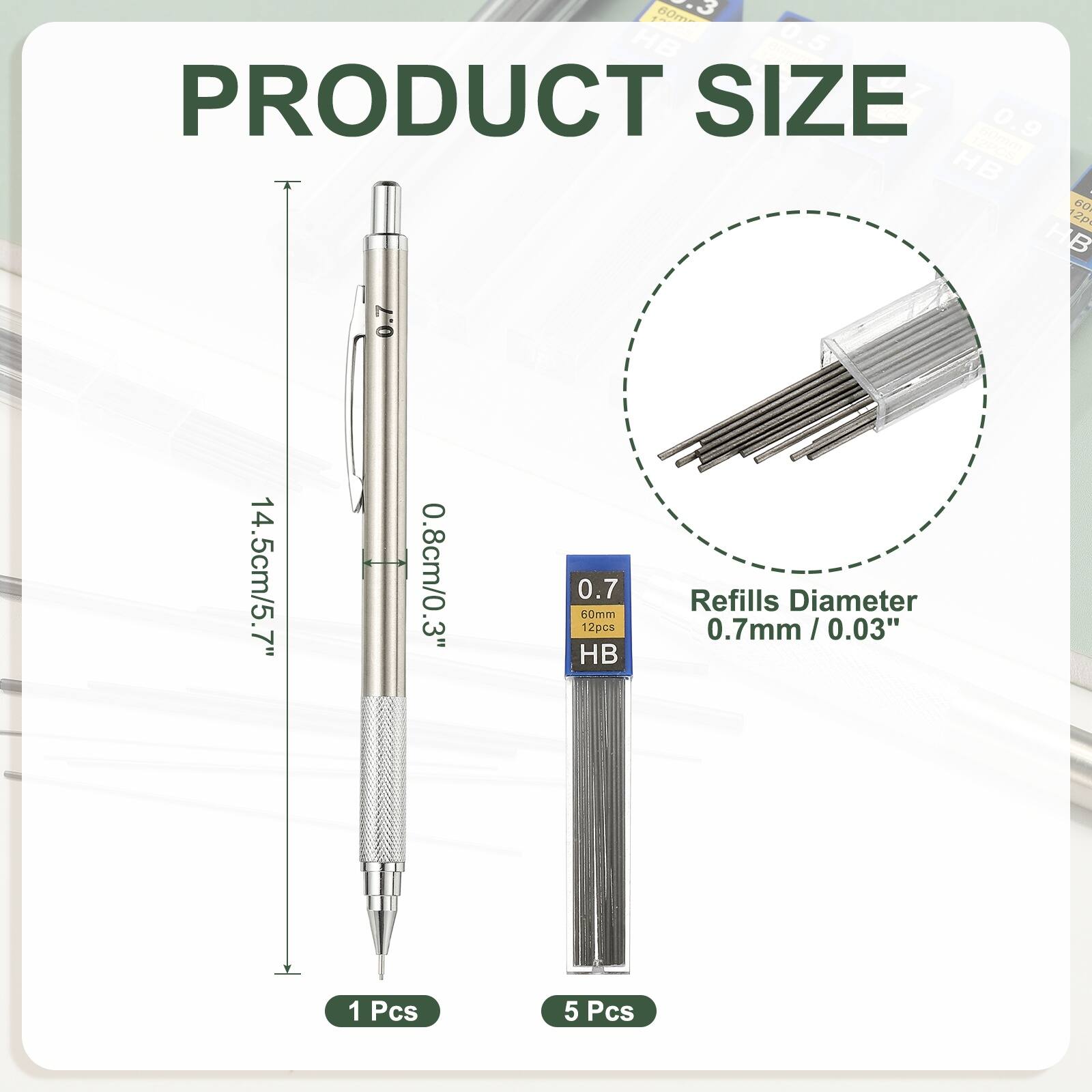 3 60m HB 0.5 PRODUCT SIZE 0.9 60mm HB - 60 12p HB

14.5cm/5.7"
0.8cm/0.3"
0.7 60mm 12pcs HB
Refills Diameter 0.7mm/0.03"
1 Pcs
5 Pcs