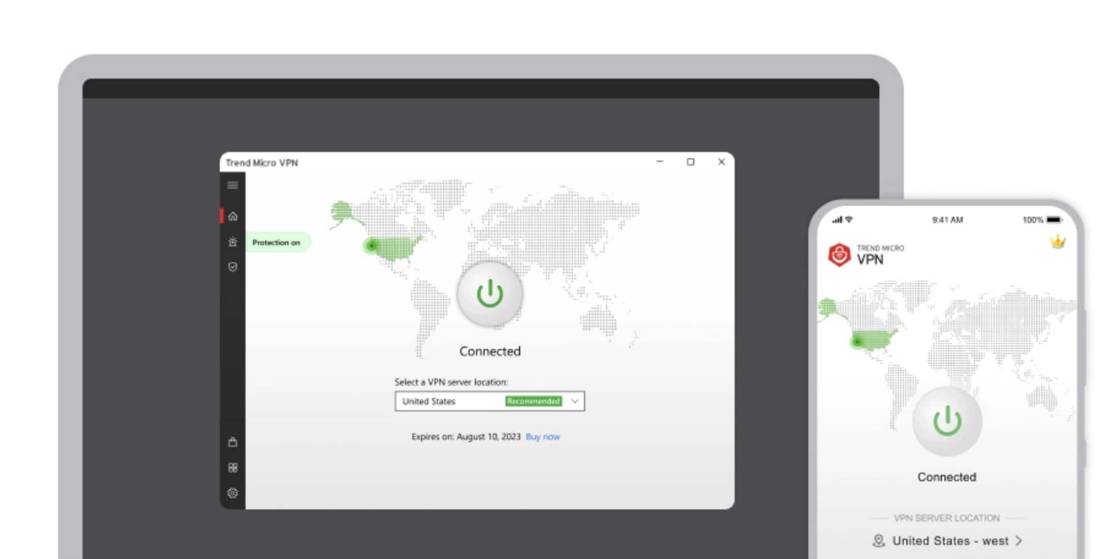 Trend Micro VPN x d Protection on ol TREND MCRO VPN 9:41 AM 100% Connected Select a VPN server location: United States Recommended Expires on: August 10 2023 Buy now Connected VPN SERVER LOCATION United States - west