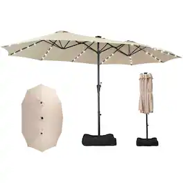 Ainfox - 15FT Double Sided Patio Umbrella Outdoor Large Umbrella for Deck Pool Shade with 48 Solar LED Lights & Base - Khaki