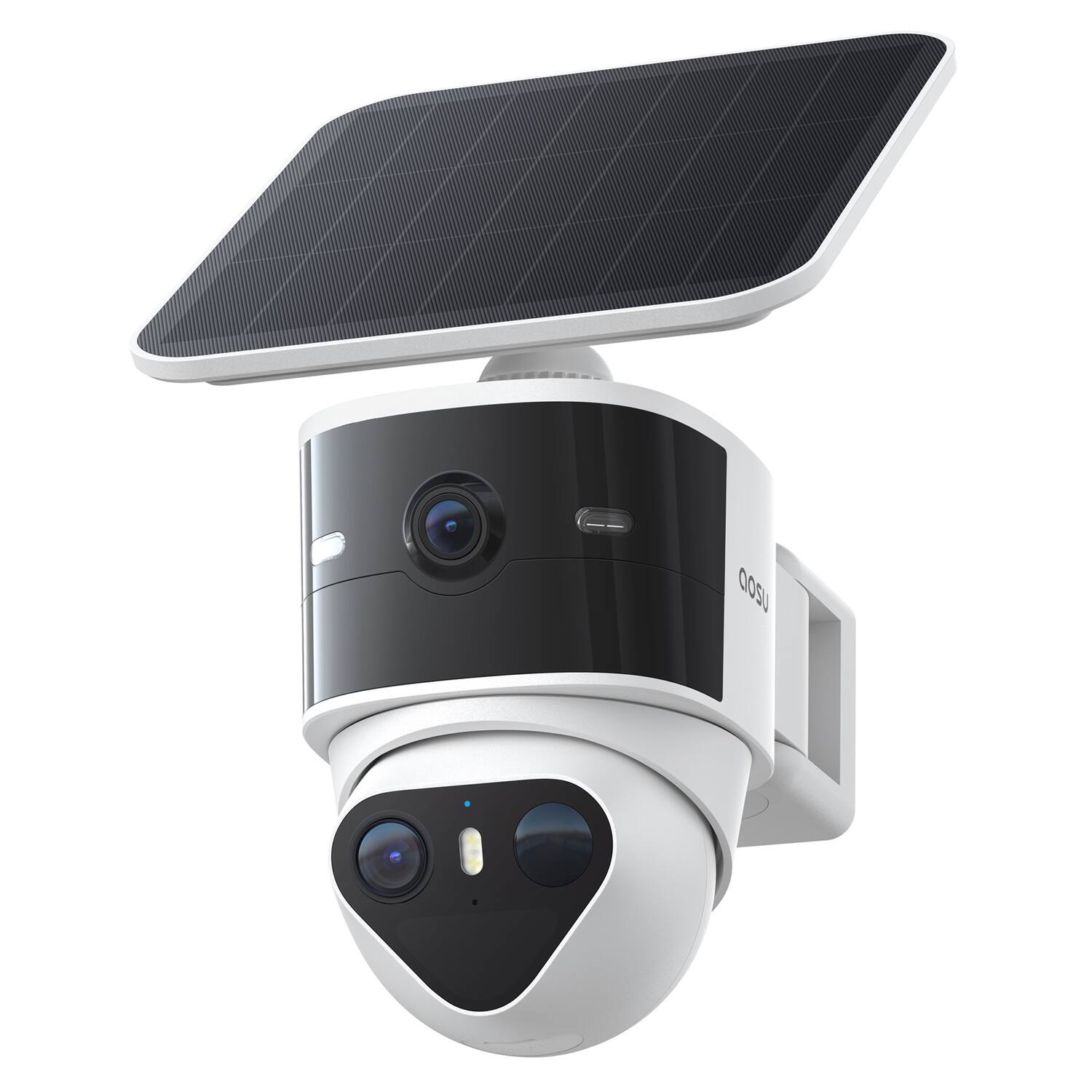 Front. AOSU - Dual 3K 5.0MP SolarCam T2 Pro Camera, 170° FOV, 360° PTZ, Auto Tracking, AI Detection, 2-Way Audio, Warning Light - White.