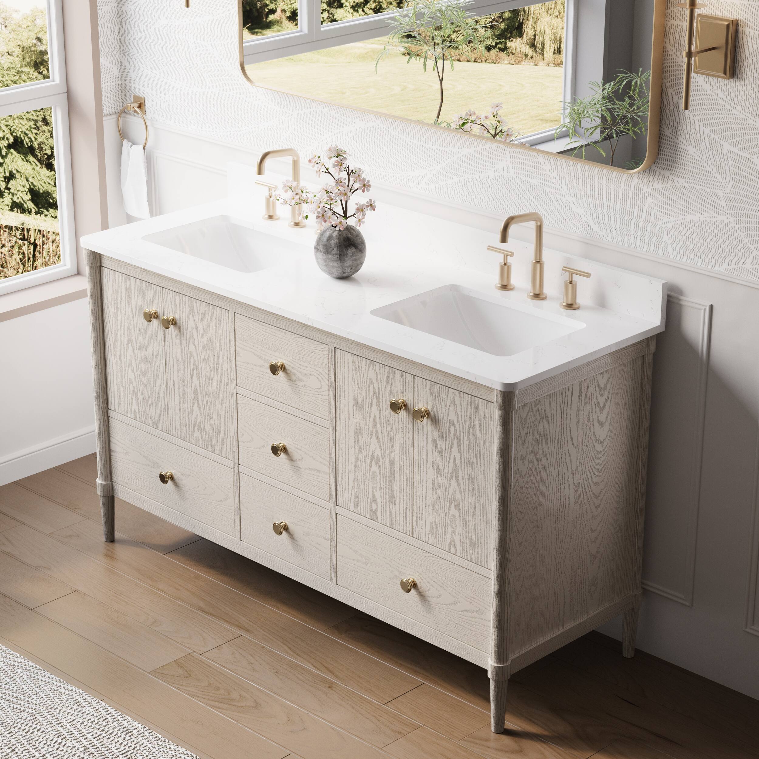 Angle. WELLFOR - ETHAN 60 in. Solid Wood Bath Vanity with Quartz Top, Double Sink, Soft Close, Assembled - OAK.