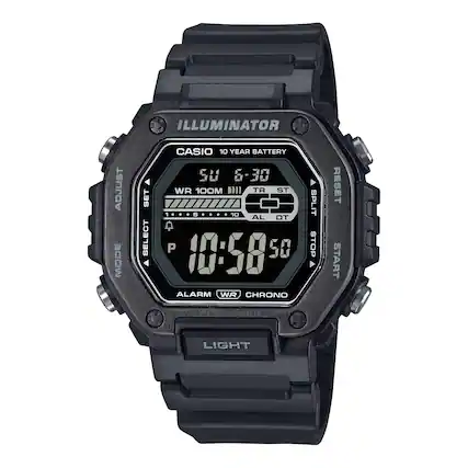 ILLUMINATOR
CASIO 10 YEAR BATTERY
WR 100M
ADJUST MODE
SET
SPLIT
ALARM
CHRONO
LIGHT