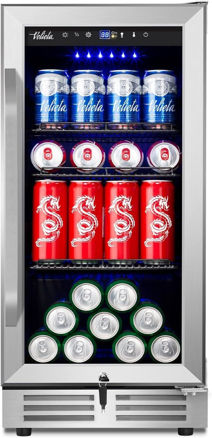 HOOURE - 15in. 127 Cans Beverage Fridge with Glass Door and Lock Under Counter Built-in or Freestanding for Beer/Soda/Water/Wine - Stainless Steel