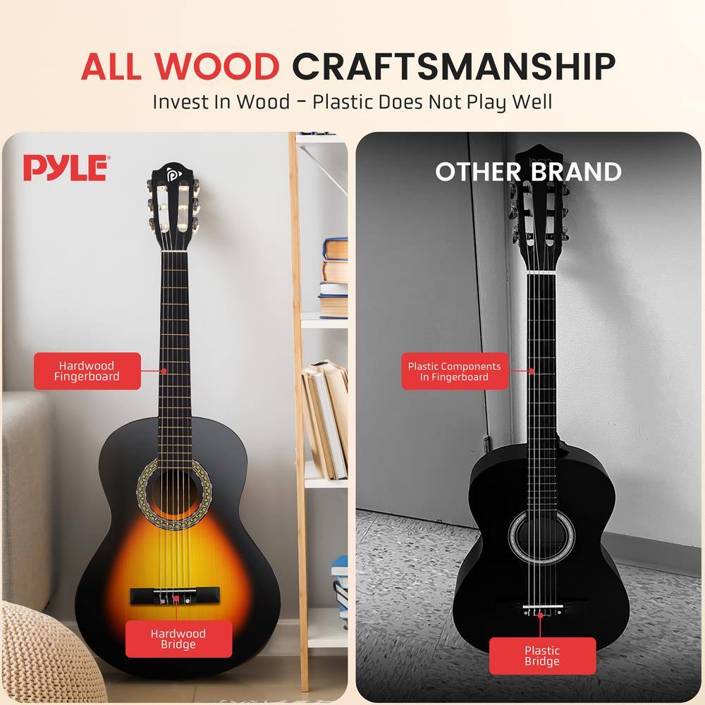 ALL WOOD CRAFTSMANSHIP  
Invest In Wood - Plastic Does Not Play Well  

PYLE  
Hardwood Fingerboard  
Hardwood Bridge  

OTHER BRAND  
Plastic Components In Fingerboard  
Plastic Bridge