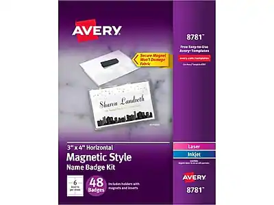 AVERY
8781
Secure Magnet Won't Damage Fabric
3" x 4" Horizontal Magnetic Style Name Badge Kit
48 Badges
Includes holders with magnets and inserts
Free Avery Easy-Use Templates
avery.com/templates
Laser Inkjet
Sharen Landreth
The Southern Belle