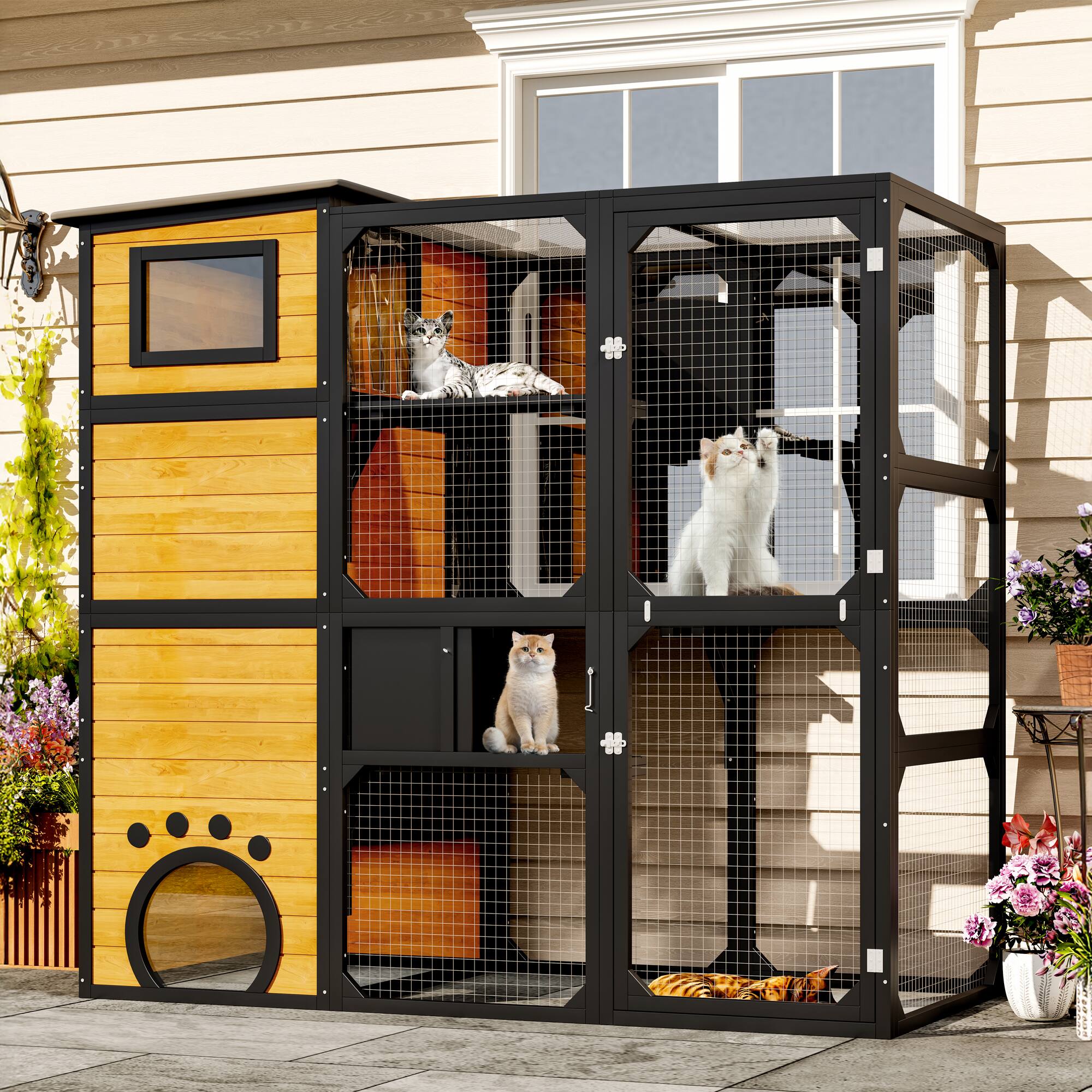 Front. Whisen - 4-Tier Outdoor Cat Enclosure,Insulated Catio with Multiple Platforms and Window Access Connection - Brown.