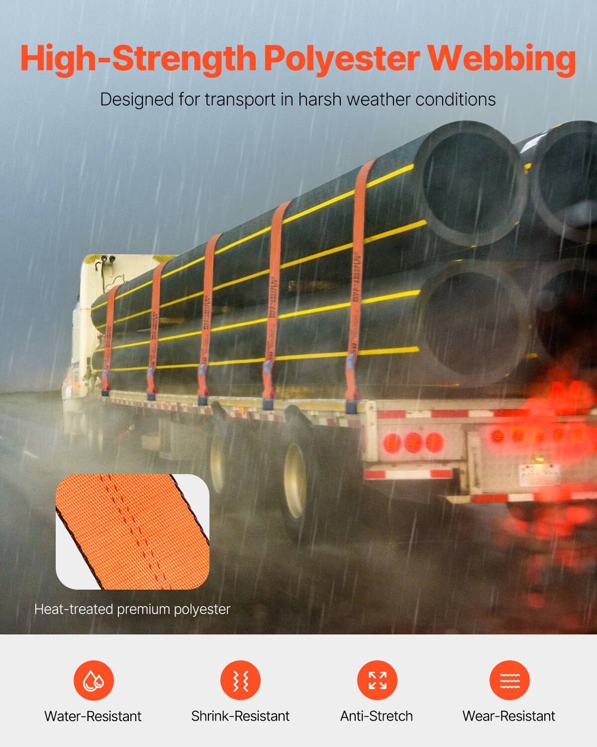 High-Strength Polyester Webbing  
Designed for transport in harsh weather conditions  

Heat-treated premium polyester  

Water-Resistant  
Shrink-Resistant  
Anti-Stretch  
Wear-Resistant