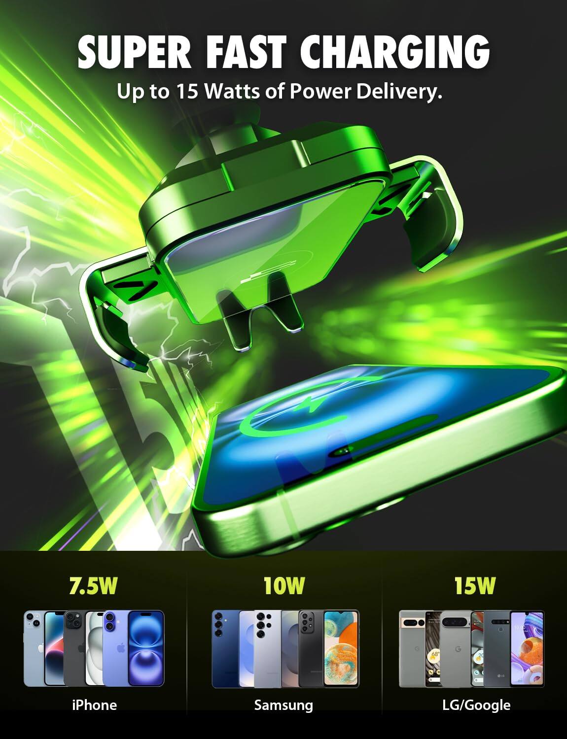 SUPER FAST CHARGING  
Up to 15 Watts of Power Delivery.

7.5W  
iPhone

10W  
Samsung

15W  
LG/Google