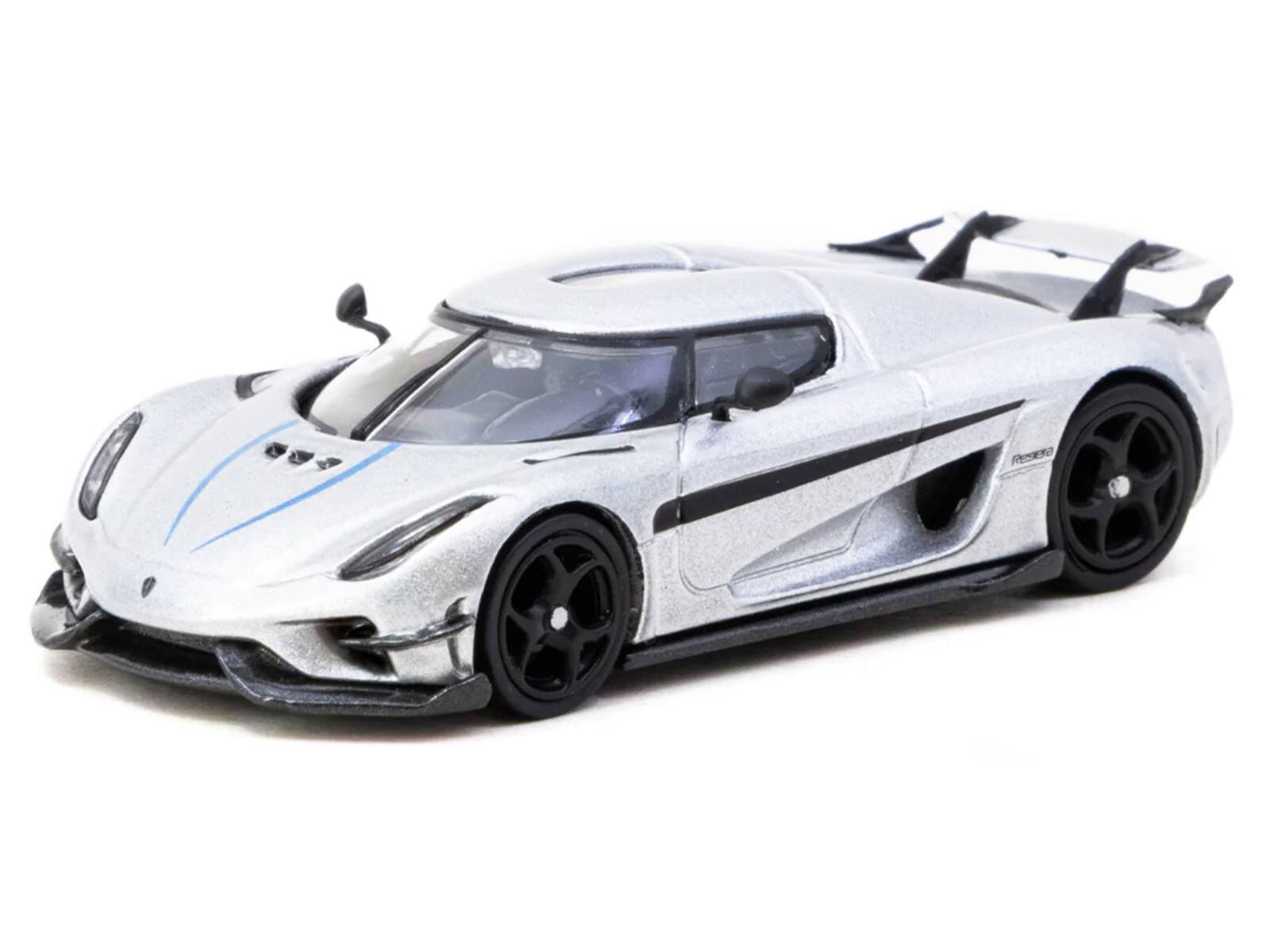 Alt View 1. Tarmac Works - Koenigsegg Regera Silver Metallic with Blue Accents and Collectible Tarmac Cards 1/64 Diecast Model Car by Tarmac Works.