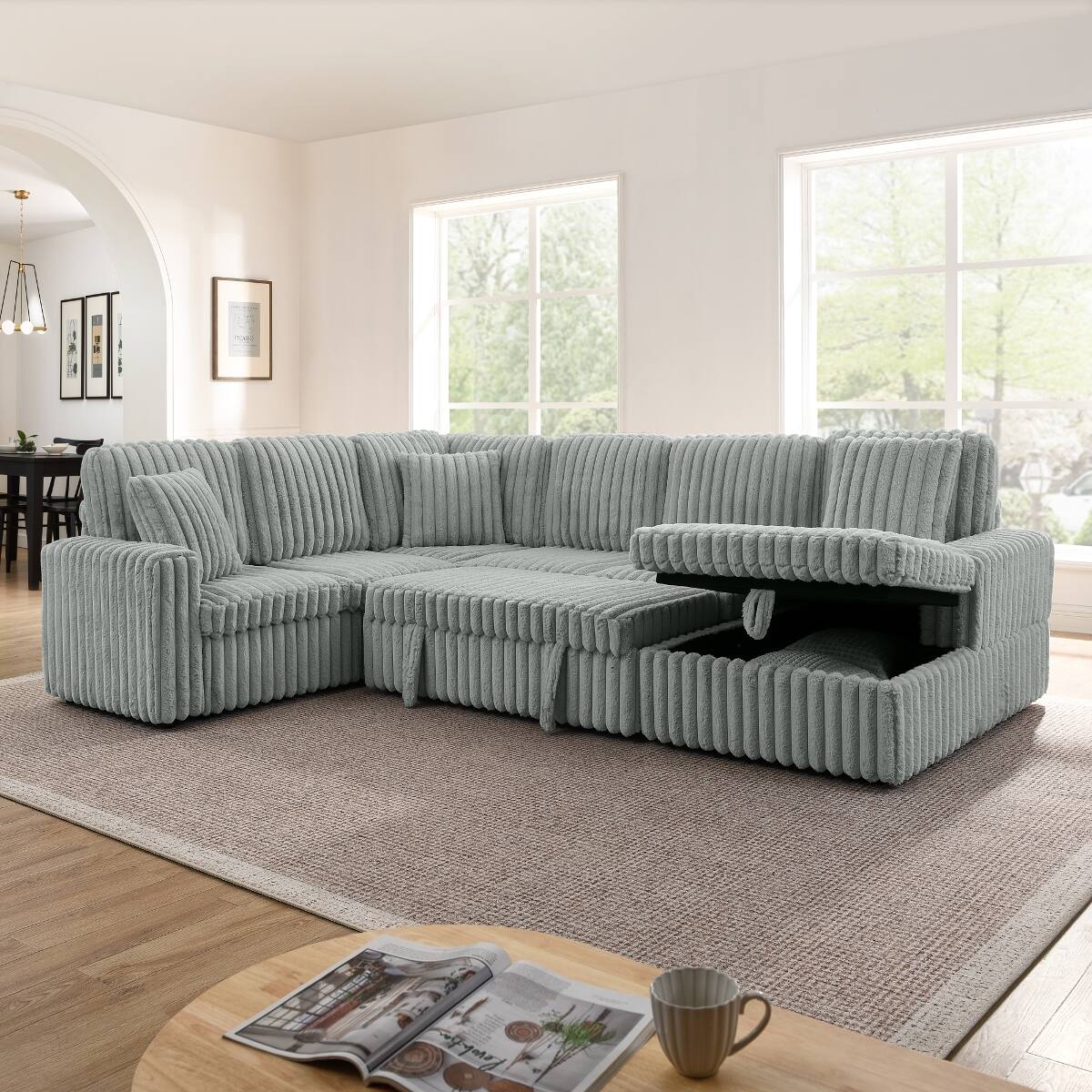 Left. Ropilly - Ropilly U Shaped Sectional Sofa, Corduroy Upholstered Pull Out Sofa Bed with Storage Chaise, Grey - Grey.