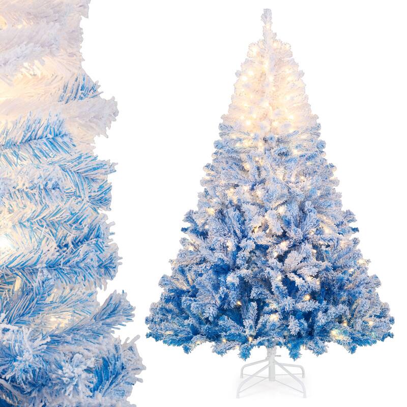 Left. WELLFOR - 6ft Pre‑Decorated Pre‑Lit Artificial Christmas Tree, Gradient Snow‑Flocked Hinged Xmas Tree with 820 Branch Tips - White & Blue.