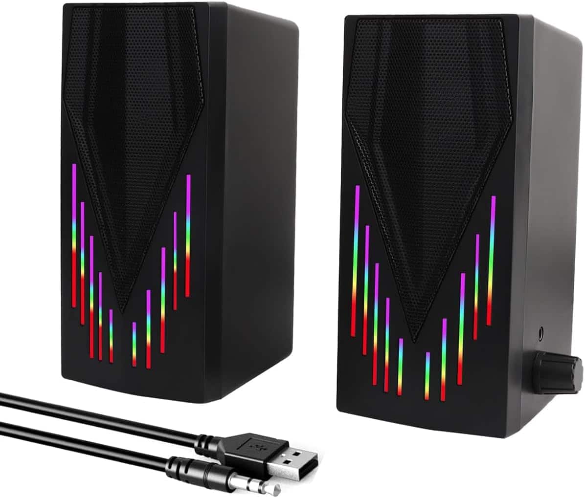 Stamp n Camp - Black Computer Speakers, Speakers for Desktop PC with Colorful Dynamic RGB Lighting, USB Powered Gaming 3.5mm Aux Cable
