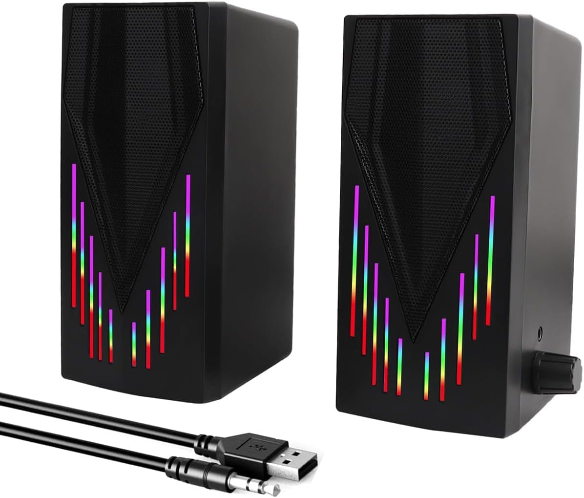 Stamp n Camp - Black Computer Speakers, Speakers for Desktop PC with Colorful Dynamic RGB Lighting, USB Powered Gaming 3.5mm Aux Cable