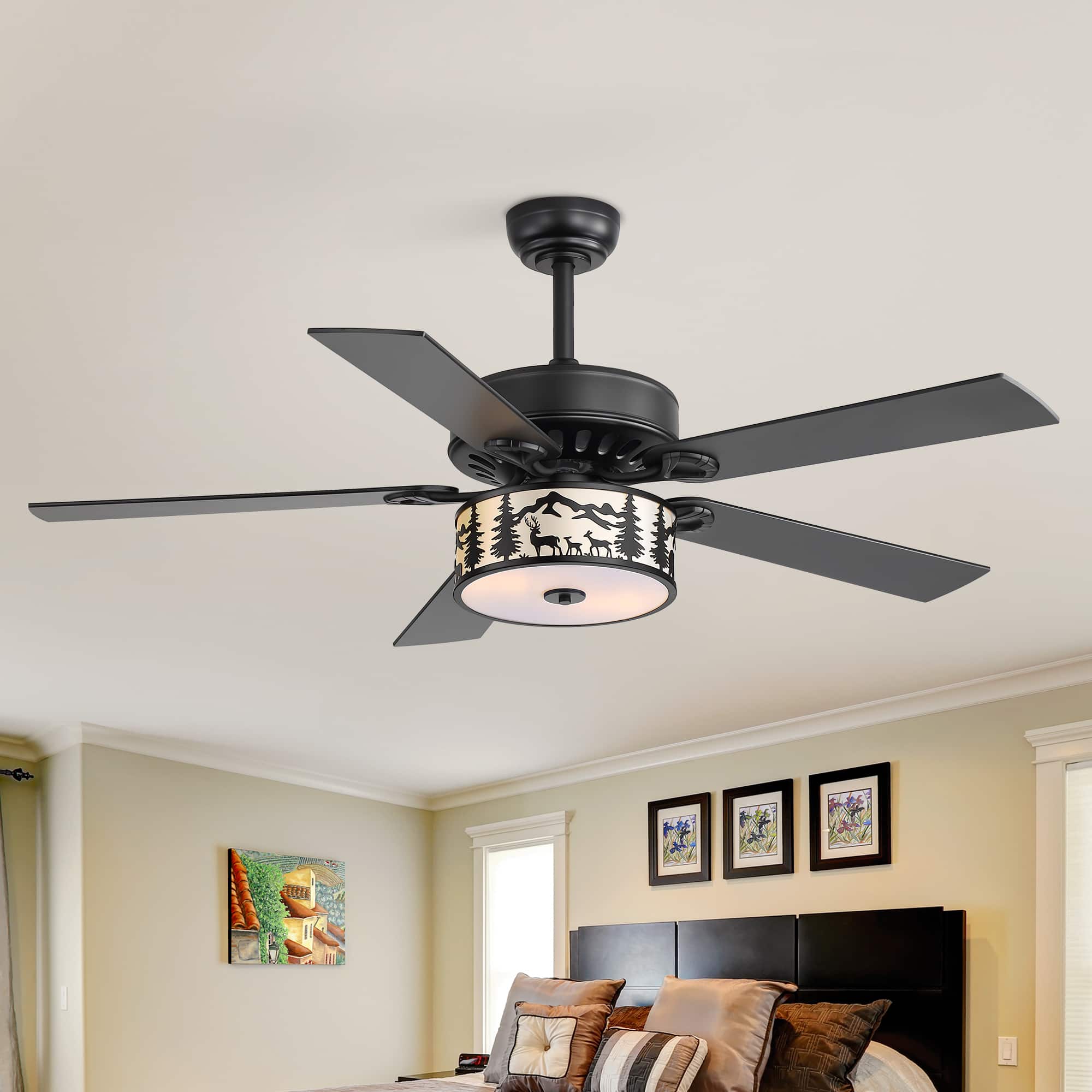 Breezary - 52-Inch Ceiling Fan with Scenic Light Shade, 5 Blades, DC Motor, Remote Control, 6 Speeds, 5"&10"Downrod Mount - 52-inch Matte Black & Wood Grain