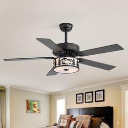 Breezary - 52-Inch Ceiling Fan with Scenic Light Shade, 5 Blades, DC Motor, Remote Control, 6 Speeds, 5"&10"Downrod Mount - 52-inch Matte Black & Wood Grain