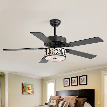 Front. Breezary - 52-Inch Ceiling Fan with Scenic Light Shade, 5 Blades, DC Motor, Remote Control, 6 Speeds, 5"&10"Downrod Mount - 52-inch Matte Black & Wood Grain.