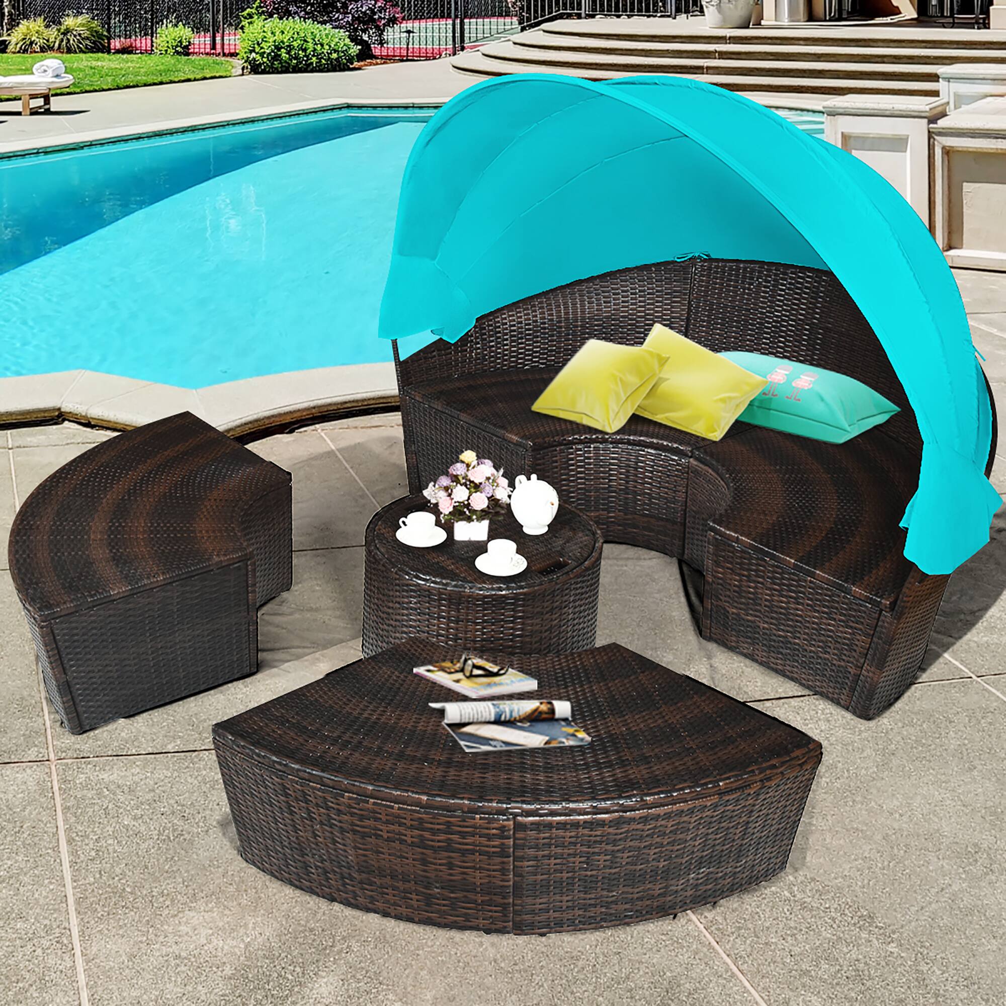 Alt View 3. Costway - Patio Rattan Daybed Cushioned Sofa Adjustable Table Top Canopy - Turquoise.